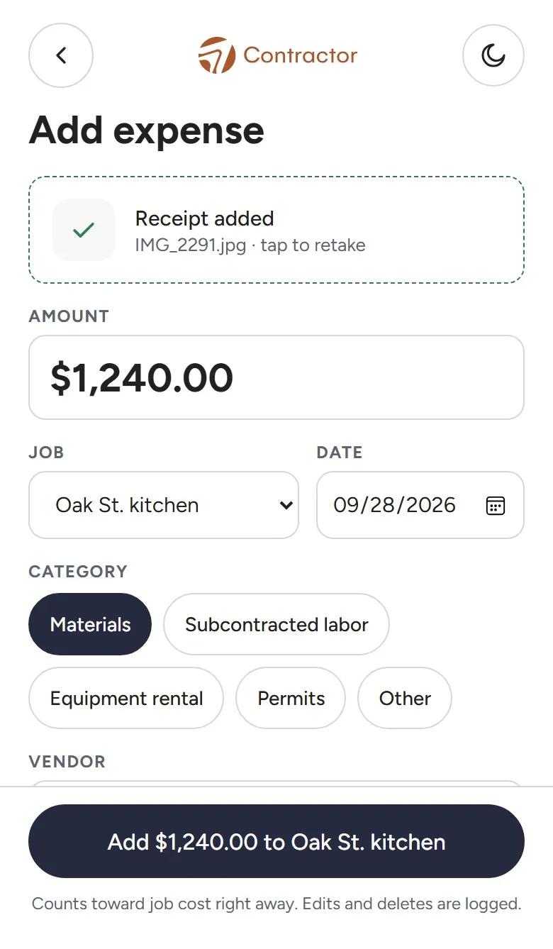 Mockup of the add expense screen: a receipt photo added and $1,240.00 for the Oak St. kitchen job in the Materials category, counted toward job cost right away.