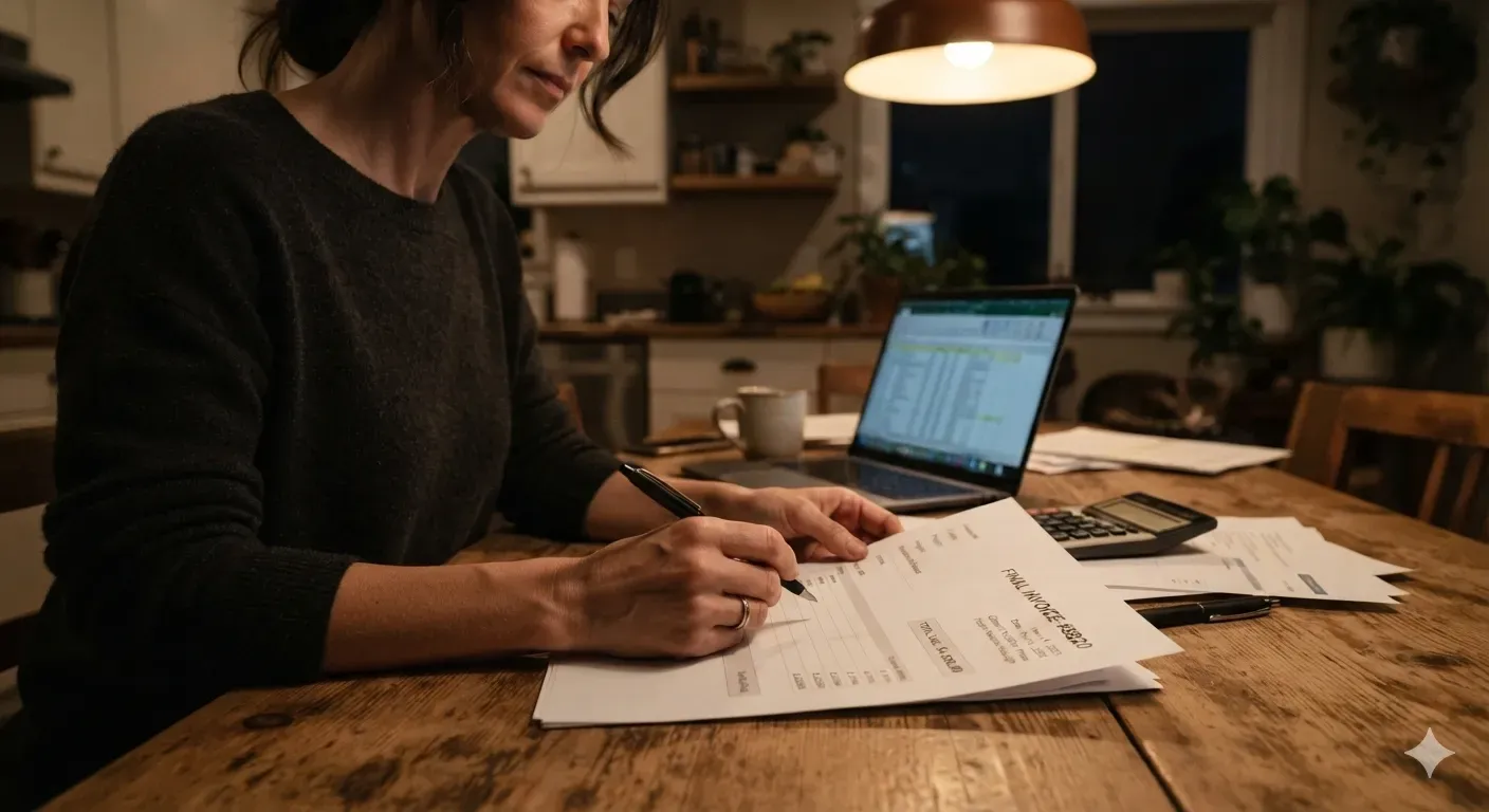 Late at night at a kitchen table, someone marks up a final invoice next to a laptop and a calculator.